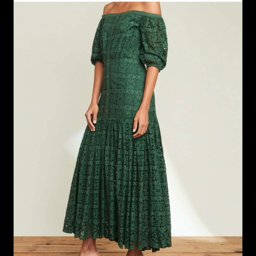Veronica Beard Green Eyelet, off the shoulder, Midi Dress
